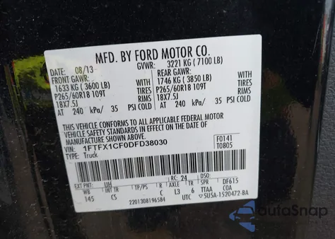 2013 Ford F-150 Stx из США, поврежденный, VIN 1FTFX1CF0DFD38030